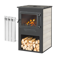 Печь-камин Этна Панорама с плитой и теплообменником бежевый
