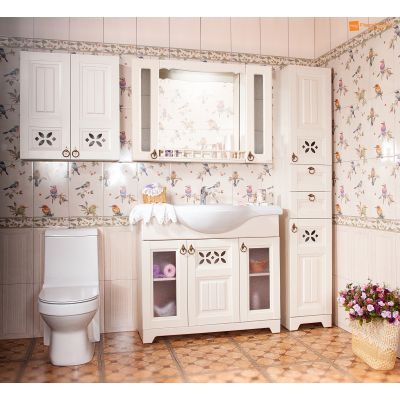 Зеркало для ванной Кантри 105 Бежевый дуб прованс с двумя шкафчиками и балюстрадой