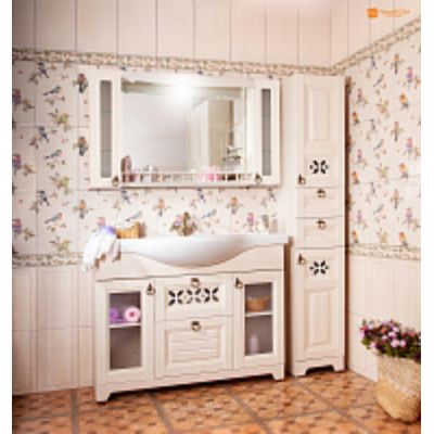 Зеркало для ванной Кантри 125 Бежевый дуб прованс с двумя шкафчиками и балюстрадой