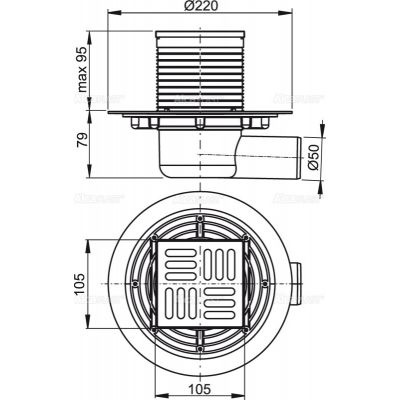 Сливной трап 105 × 105/50, подводка – боковая, решетка – нержавеющая сталь, гидрозатвор – комбиниров