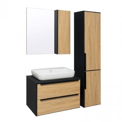 Комплект мебели для ванной Руно Runo МАЛЬТА 70 /дуб/черный/подвесной/ c умывальником Caspia 60 Oval или Square