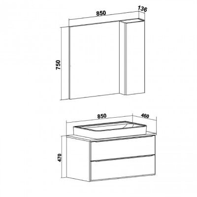 Комплект мебели для ванной Руно Runo МАЛЬТА 85 /дуб/черный/подвесной/ c умывальником Caspia 60 Oval или Square
