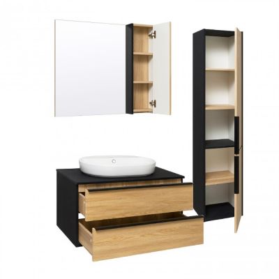 Комплект мебели для ванной Руно Runo МАЛЬТА 85 /дуб/черный/подвесной/ c умывальником Caspia 60 Oval или Square
